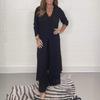 Women's V-Neck Long-Sleeve Slit Top with Wide-Leg Pants - Summer Solid Color Set