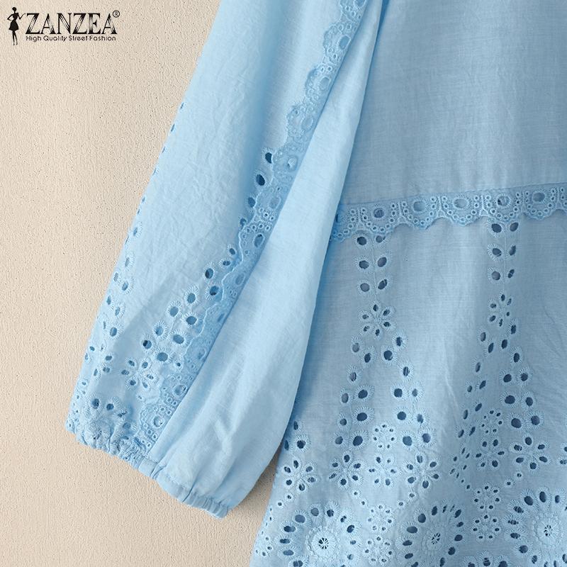 ZANZEA Women Square Collar Summer Hollow Embroidered Casual 3/4 Sleeve Blouse