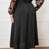 Women Gown Dress V-neck Embroidered Lace Mesh Long Sleeves Midi Dress High Waist Wrap Dress with Belt