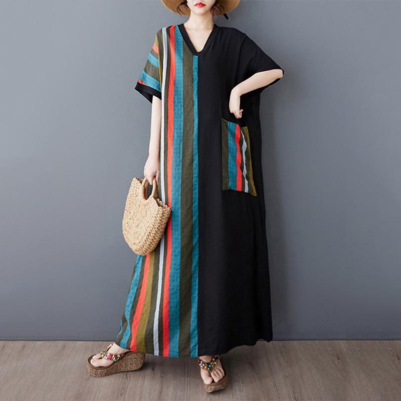

XITAO Stripe Patchwork V-neck Dress ZMY1118 One Size