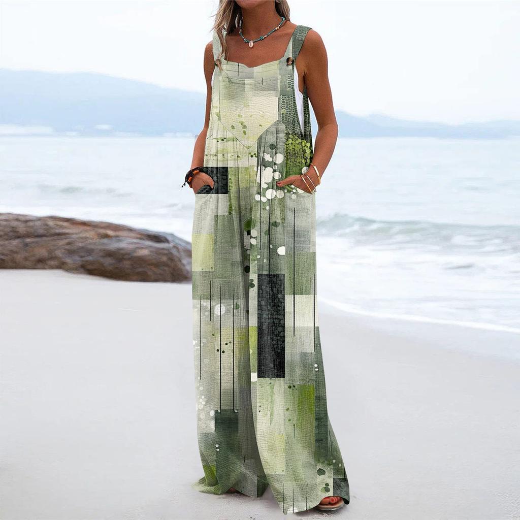 Damen-Overall mit weitem Bein, lässiger lockerer ärmelloser Overall, normaler bedruckter Knopf, lange Hosen, Taschen-Overall