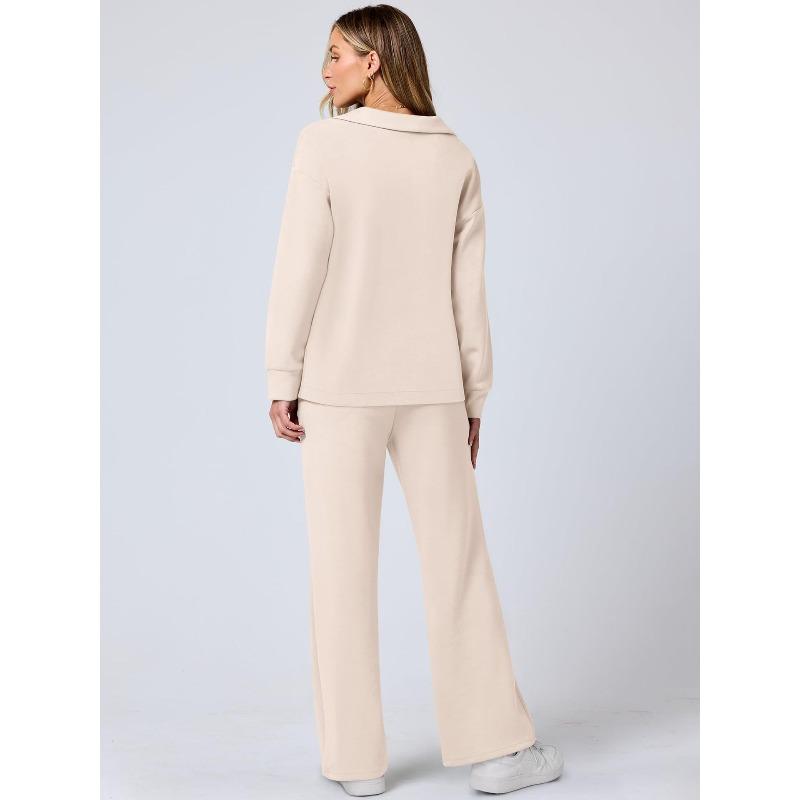 VEZFAA Damesmode Casual Lente Herfst Effen Kleur Print Lange Mouw POLO Hals Broek Pakken