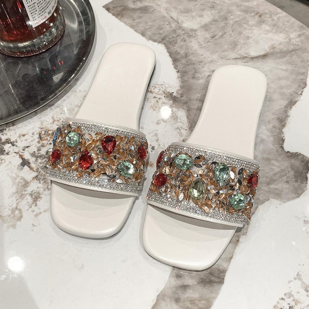 Large Size Women's Slippers Summer New Rhinestone Flat Bottom Square Head One Word Beach Cool Slippers