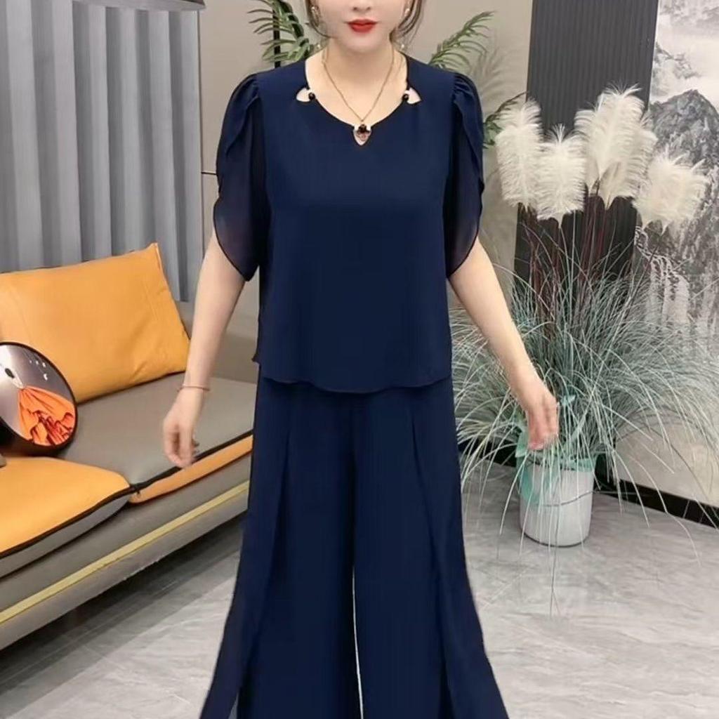 Plus Size Chiffon Summer Suit: Slimming Short-Sleeve Top & Wide-Leg Pants Set