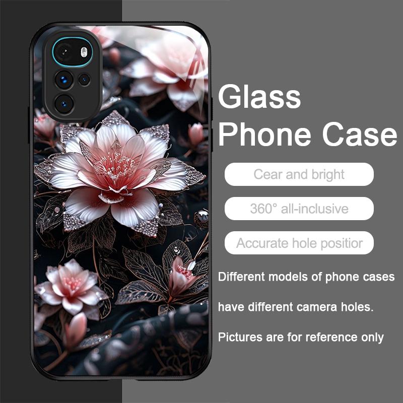 Vintage Floral Stylish Lotus Flower Tempered Glass Phone Case for Motorola Moto G85 G84 G75 Edge 50 Fusion 40 Neo 30 Pro Covers