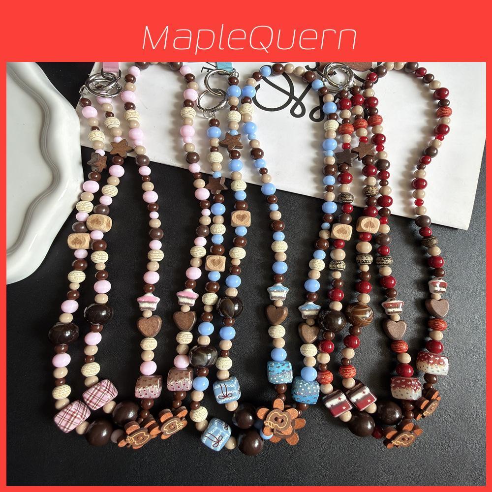 Pvc Wooden Flower Phone Lanyard With Beads For Women And Men