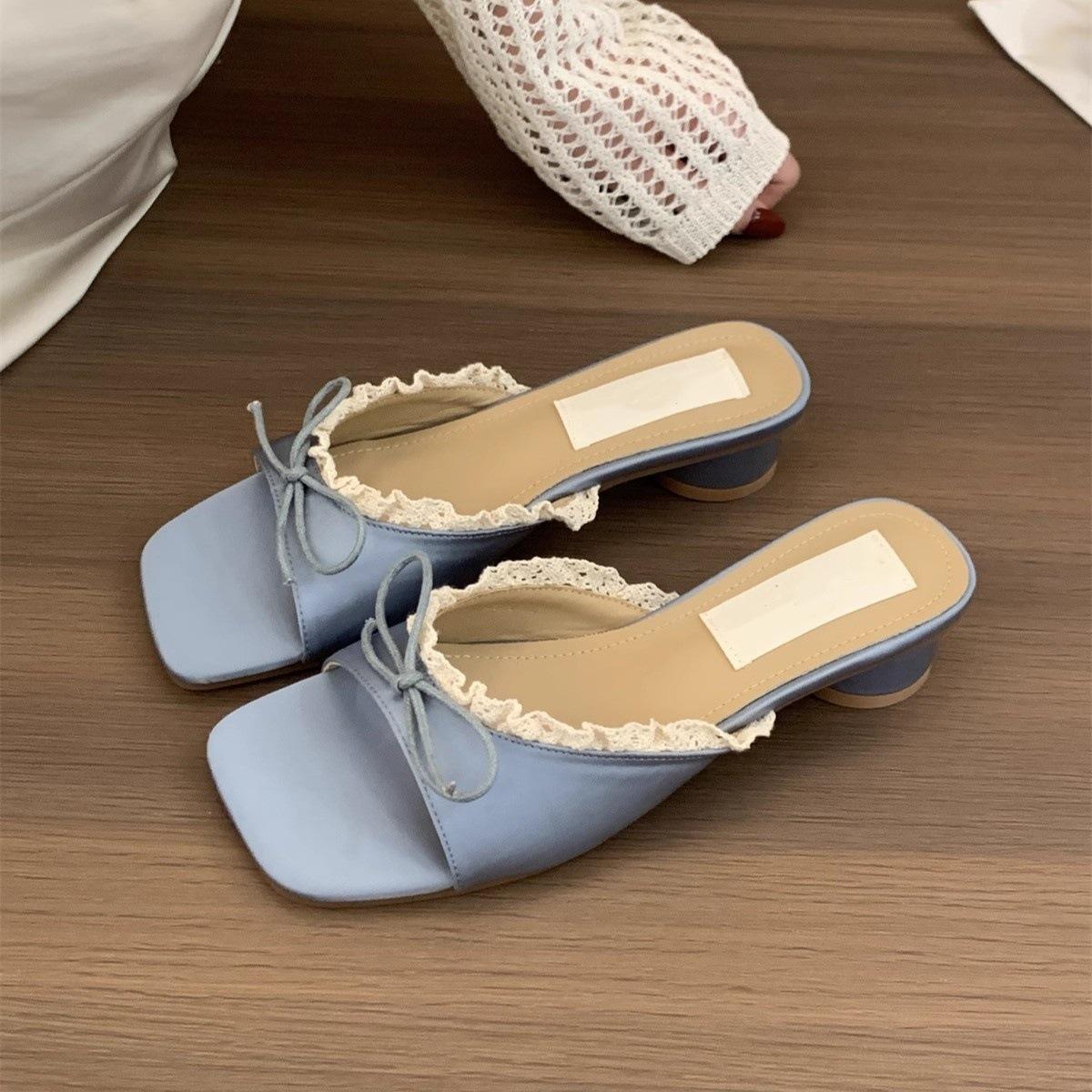 

Beautiful one-word cool slippers women s outer wear bow with skirt yellow temperament thick heel sandals 40 синий