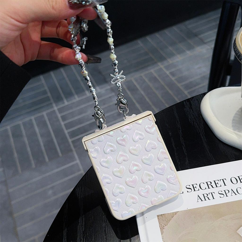For Samsung Galaxy Z Flip7 FE 5G/Z Flip6 5G Case Bubble Heart Leather+PC Phone Cover with Beaded Strap