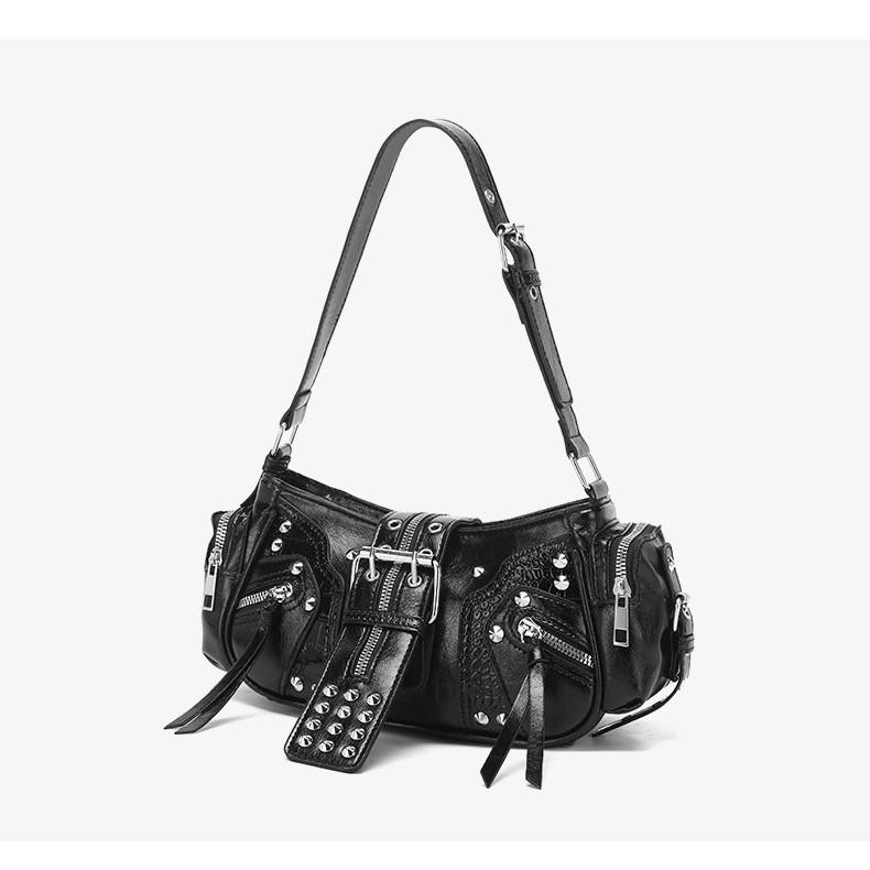 IELGY Ladies Handbag Retro Fashion Black Shoulder Commuter Motorcycle Bag