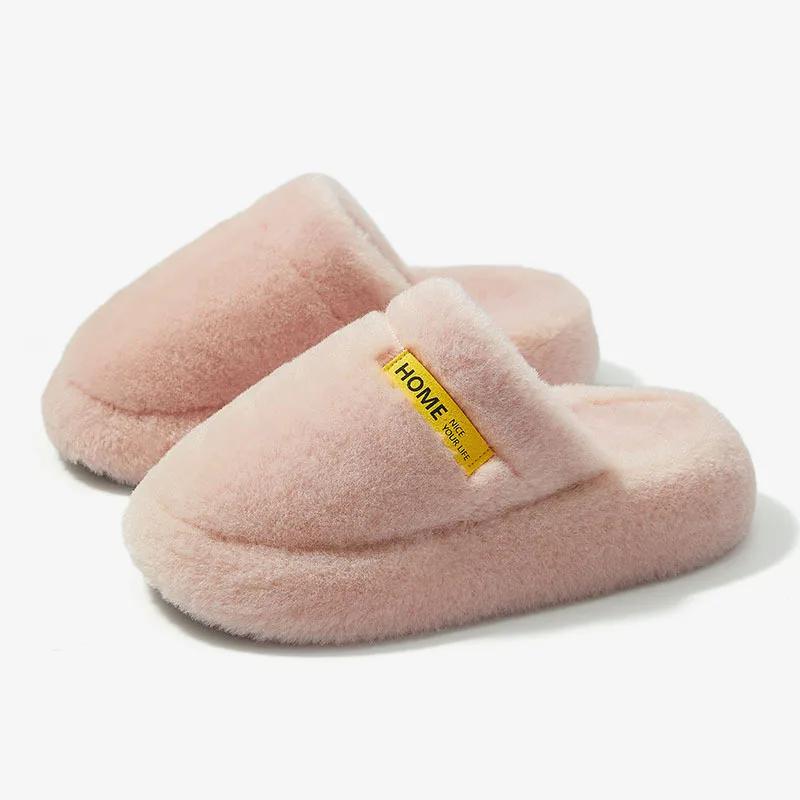 

Fashion Thick Bottom Faux Fur Slippers Women New Indoor Plush Winter Couple Slides Woman Closed Toe Warm Non-Slip Cotton Padded Shoes 44-45 розовый