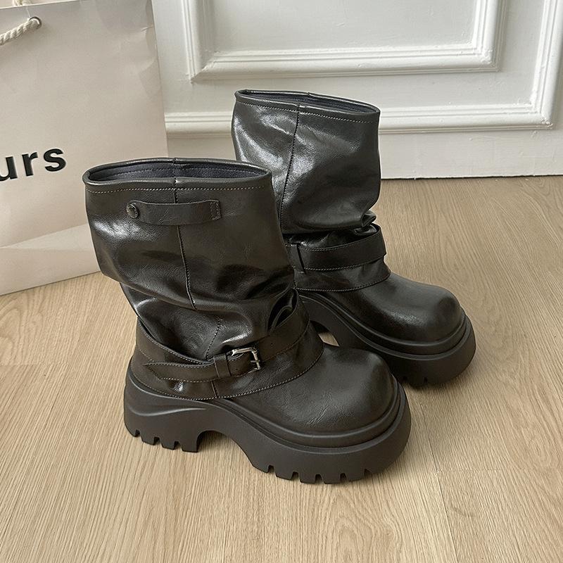 

Retro trousers stacked short boots children 2025 autumn new thick heel pleated wasteland wind western cowboy Martin boots 40 коричневый