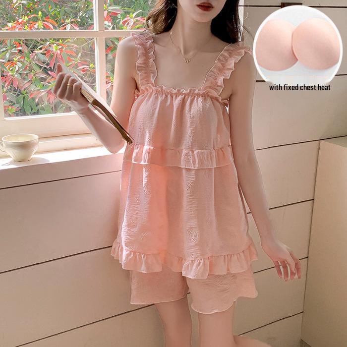 2026 Summer Women's Cloud Cotton Pajama Set with Built-in Bra, Princess Style Camisole, Sweet Home Wear