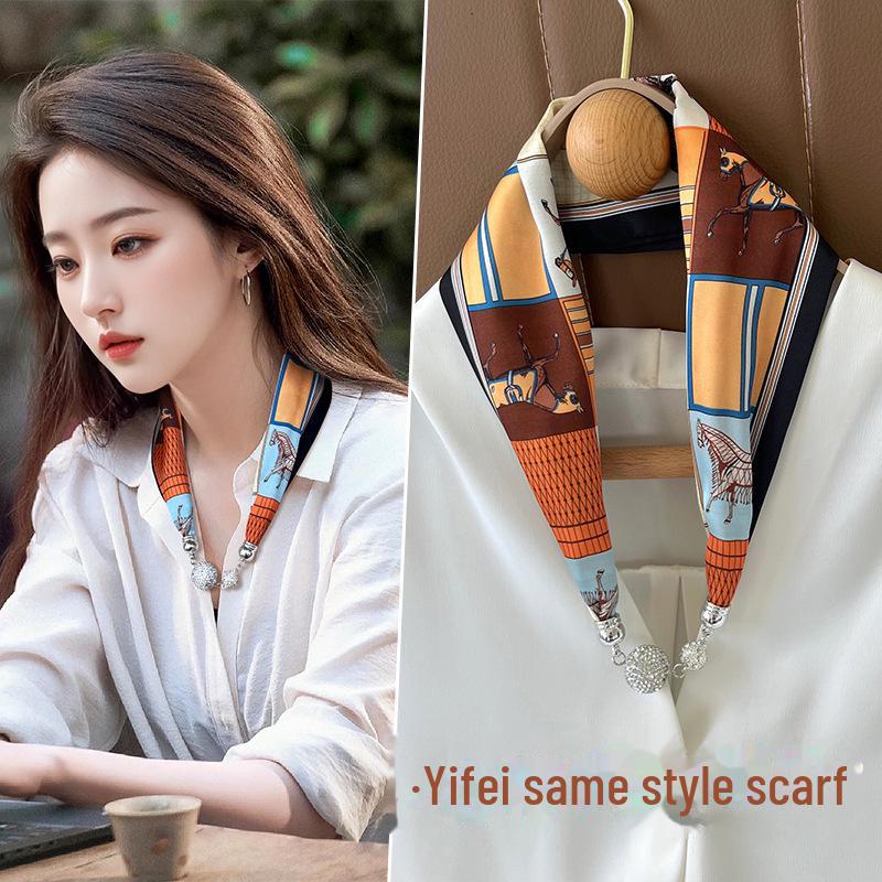 Women's Magnetic Buckle Silk Scarf - Fashionable Neck Protection for Spring, Summer, and Autumn