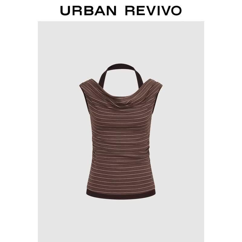 UR2026 Women s Summer Striped Halter Slim Fit Faux Two-Piece T-Shirt S