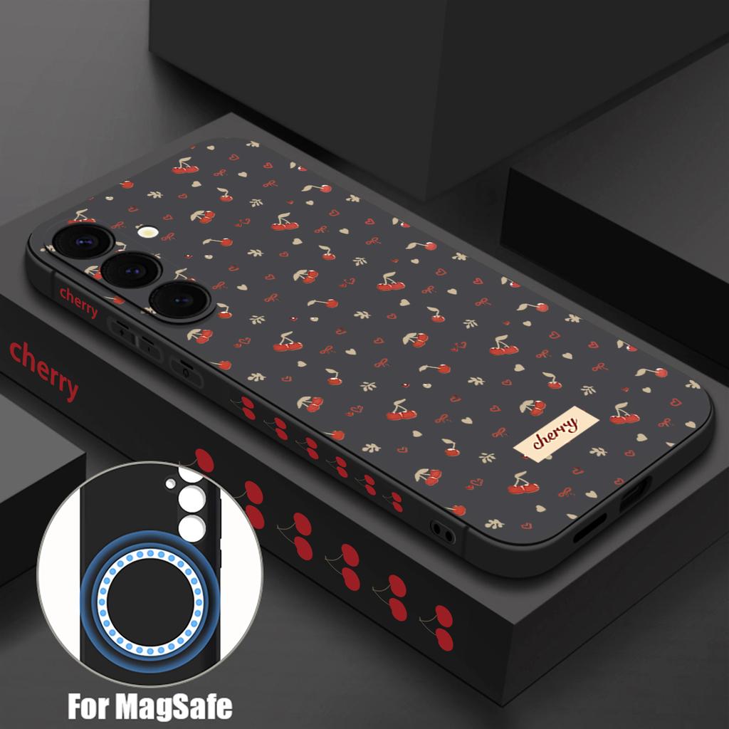Magnetic Cherry Bow Print Case For Samsung Galaxy S25 S24 FE S24 S23 S22 Ultra Plus For Magsafe Wireless Charge Soft Phone Cover