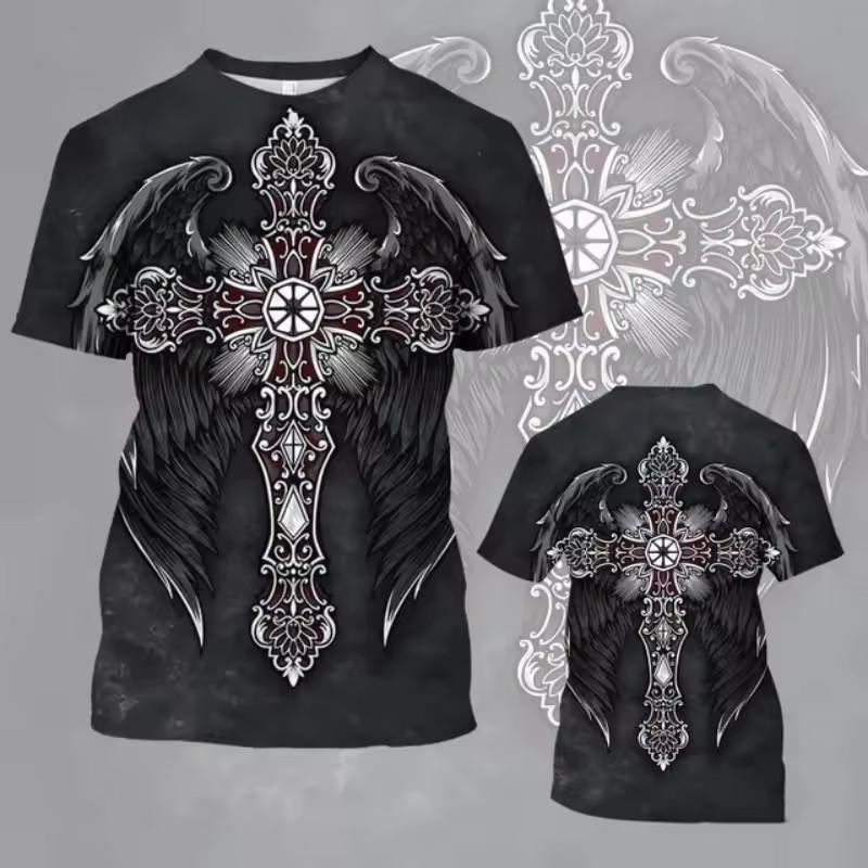 Colorful Cross Wings Pattern T Shirt Men Cool Skull 3D Printed Short Sleeve Tops Summer Casual Round Neck Loose Tee Shirts