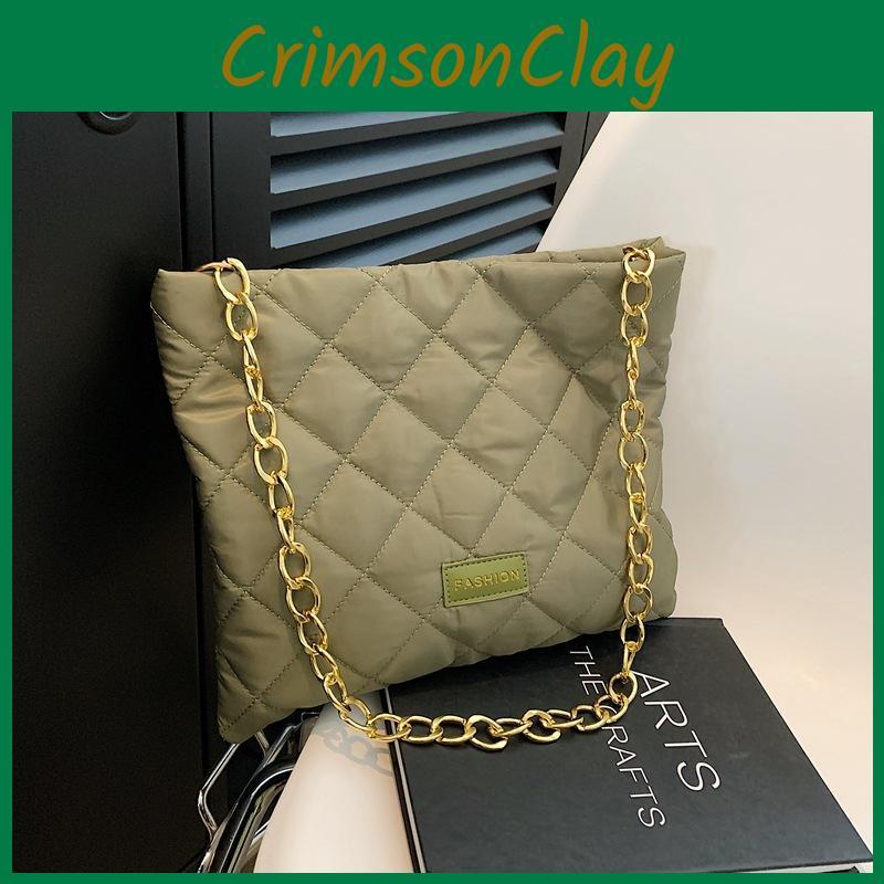 Stylish Nylon Quilted Chain Bucket Bag For Women Trendy Street Fashion Handbag