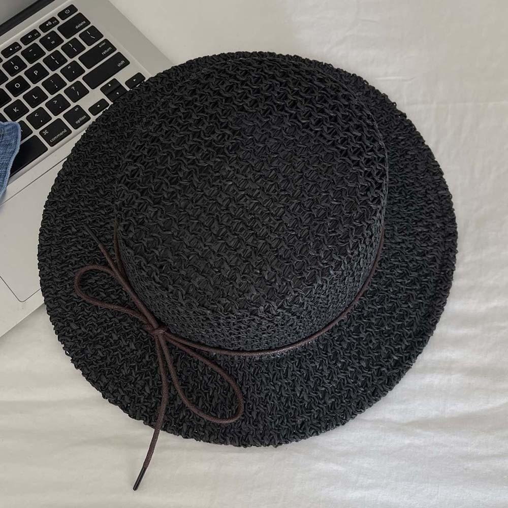With Bow Straw Boater Hat Sun Protection Lightweight Handwoven Sun Cap Exquisite Craftsmanship Adjustable Flat Top Beach Hat