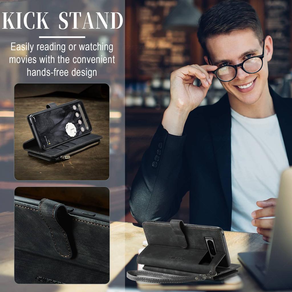 For Google Pixel 9 Pro XL Pixel 9 Case,Wallet Case Durable PU Leather Magnetic Flip Strap Wristlet Zipper Card Holder Phone Case