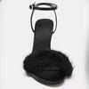 Sexy Black Fur Sandals Women Fluffy High Heels Stiletto Ankle Strap Open Toe Summer Party Shoes Ladies Nightclub Dress Pumps