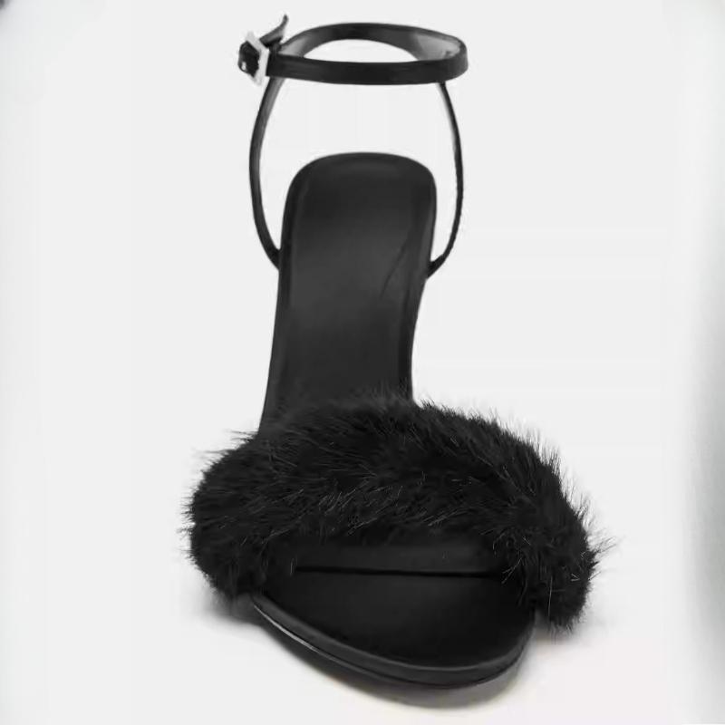 Sexy Black Fur Sandals Women Fluffy High Heels Stiletto Ankle Strap Open Toe Summer Party Shoes Ladies Nightclub Dress Pumps