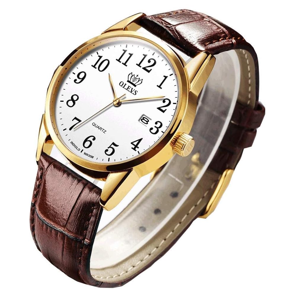 Men's Business Watch Arabic Numerals Leather Band Waterproof Calendar Display Luminous