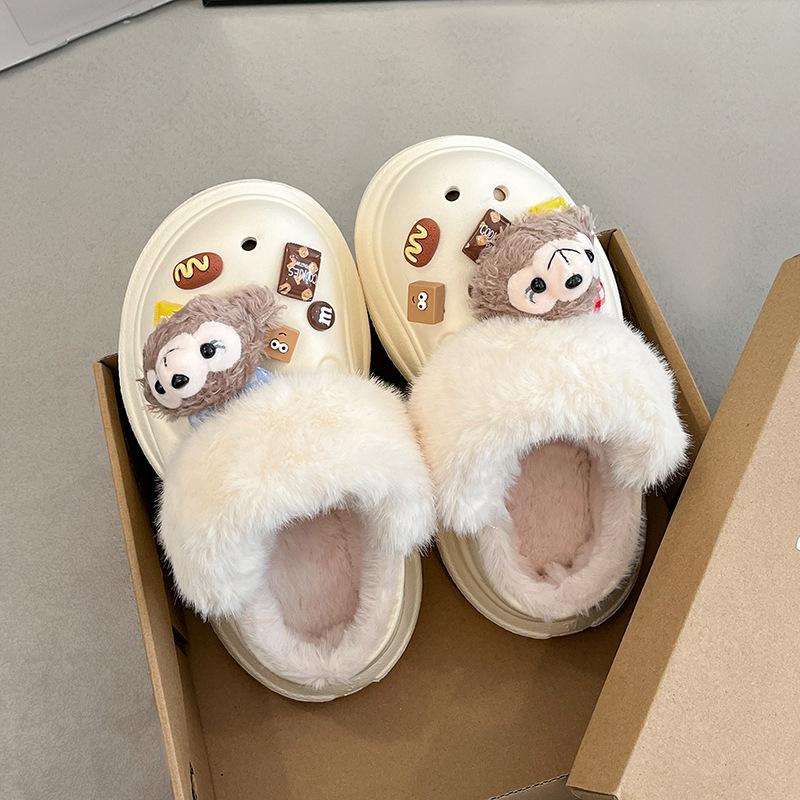 

Plush hole shoes for women to wear outside in winter, non-slip thick-soled heightening cotton slippers, winter household velvet warm cotton shoes 40