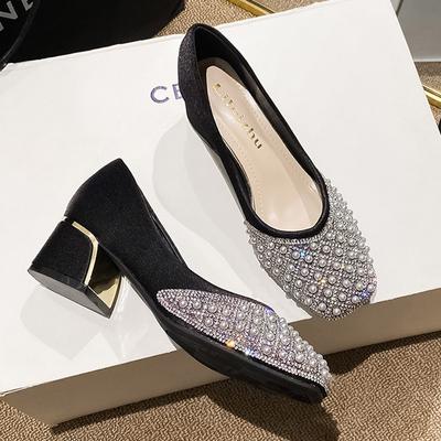 2024 Spring Summer Women Fashion Pumps New OL Party Square Casual High Heels Shoes Ladies Rhinestone Pearl Loafers 35-43
