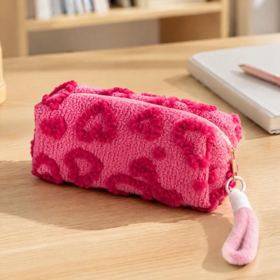 Portable Zipper Case Plush Love Heart Pencil Case, Large Capacity Stationery Organizer Storage Pouch, Multi-function Bag for School Office Use Back to