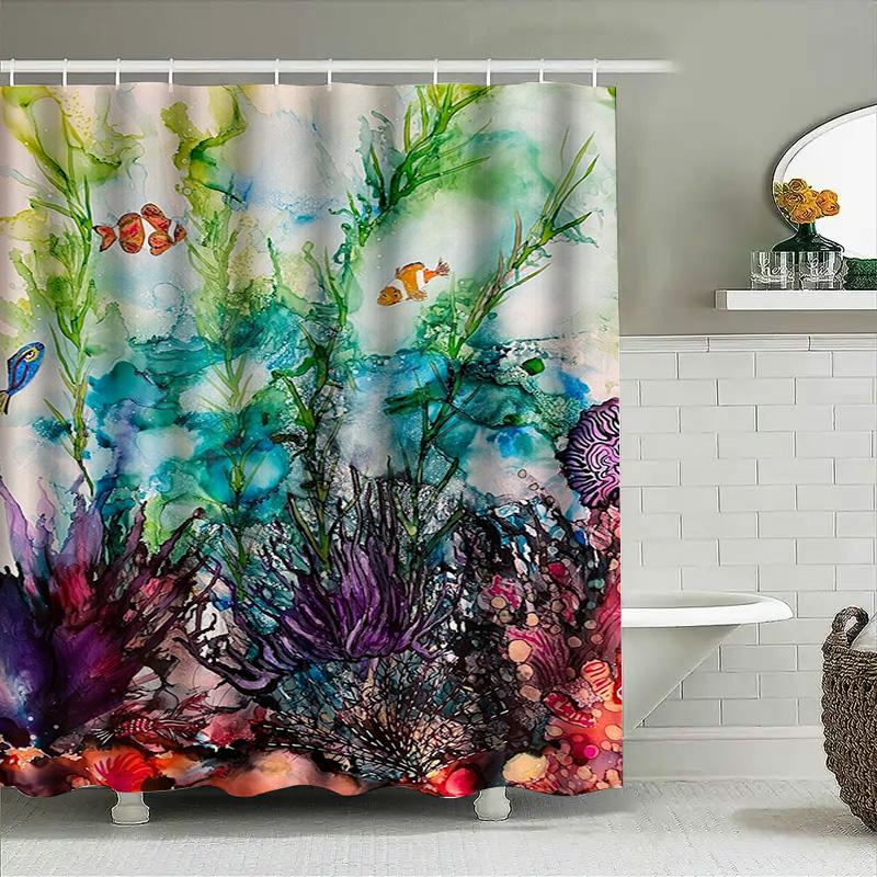 Colorful Coral Reef Shower Curtain Waterproof Fabric Decorative Bath Room Hanging Set For Home Decoration In Multicolored Waterc