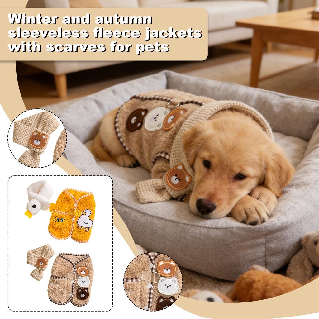 Haustierkleidung für kleine Hunde, wie Bichon und Teddy, mit ärmellosen Fleece-Pullovern mit Schals, geeignet für Herbst und Winter.