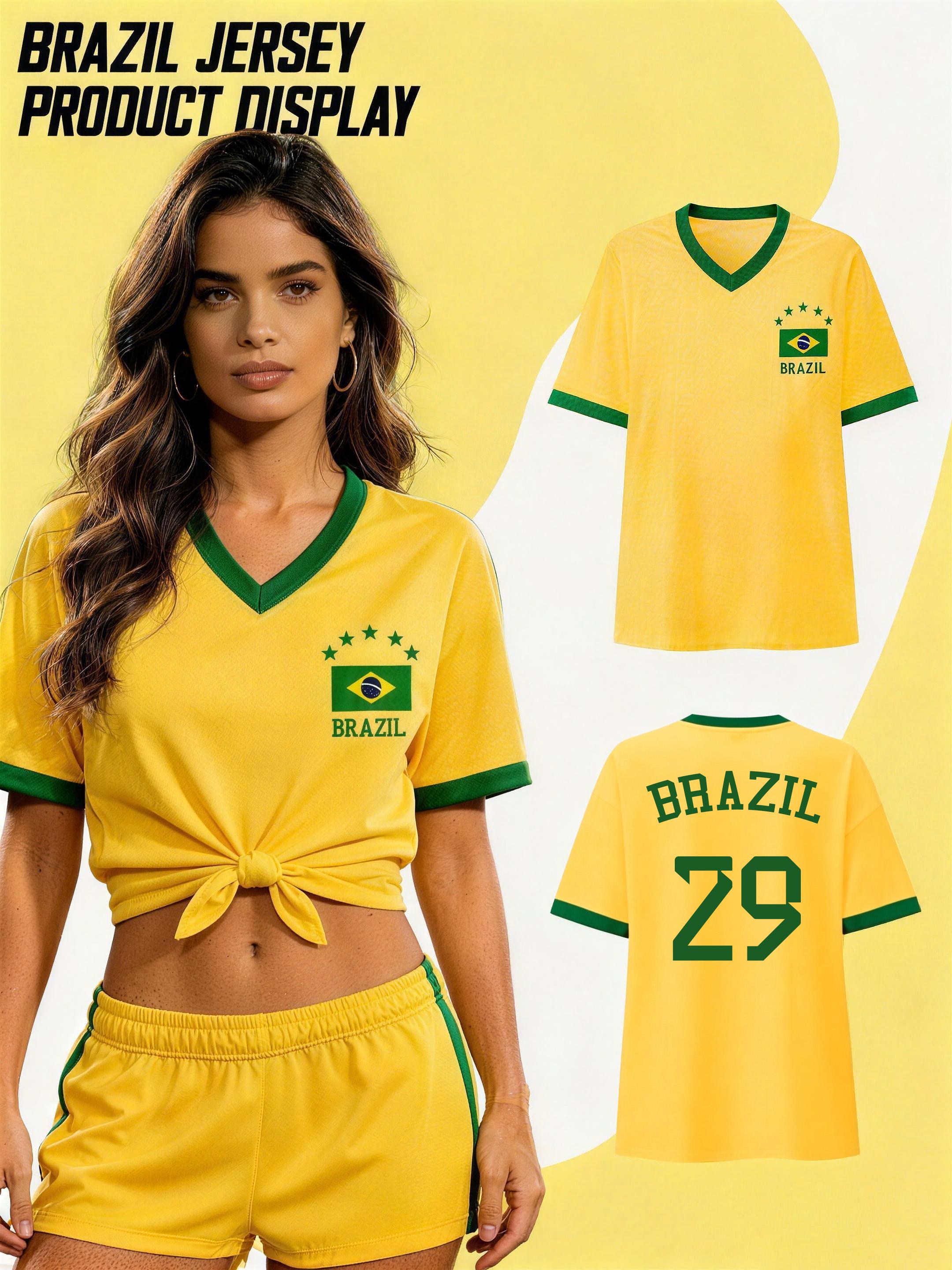 Brazil National Flag Print T Shirt For Women Fashion V-neck Short Sleeve Tees Fashion Brasil Fan Jersey Summer Female Clothing S