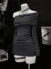 European and American Striped Slim-Fit Dress, Waist-Cinching Short Bodycon with Long Sleeves