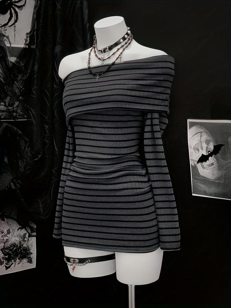 European and American Striped Slim-Fit Dress, Waist-Cinching Short Bodycon with Long Sleeves