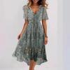 Blue Green Floral Print V-Neck Asymmetrical Hem Summer Dress with Short Sleeves