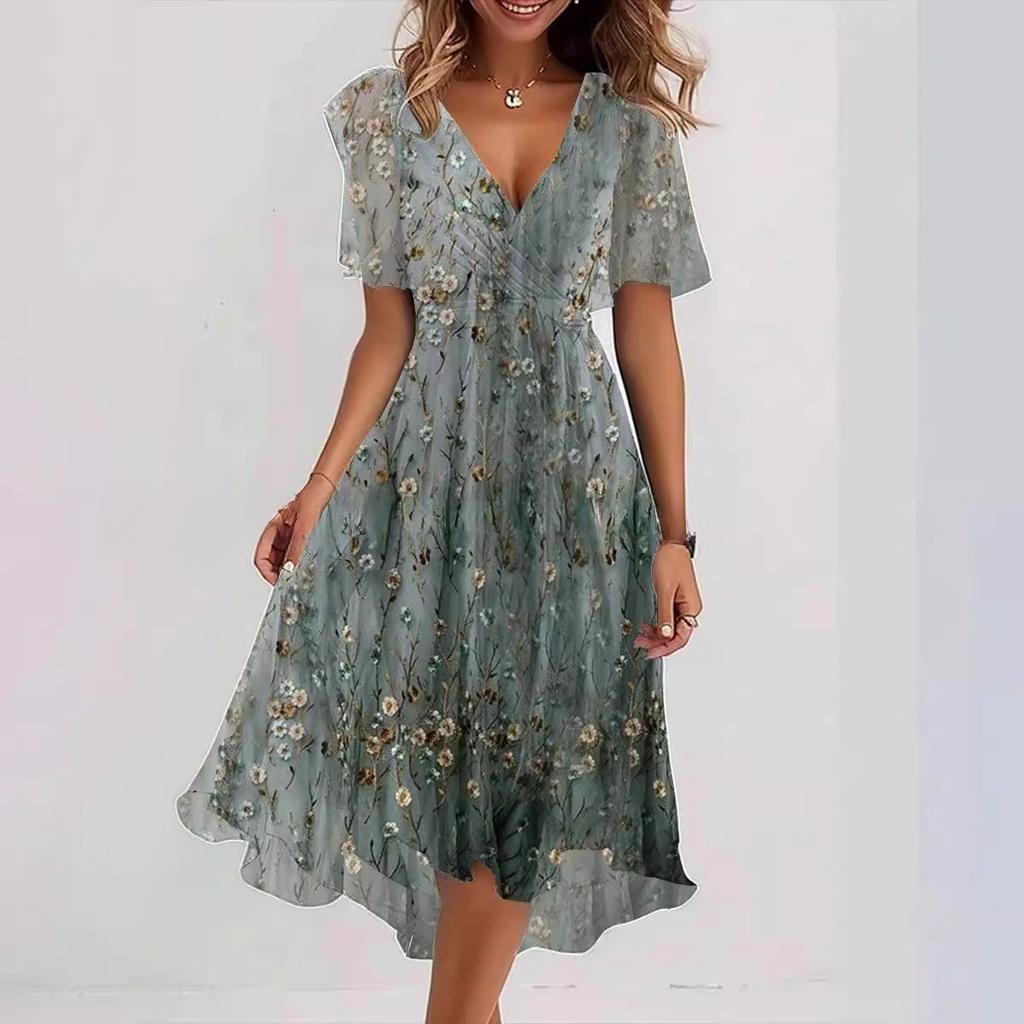 Blue Green Floral Print V-Neck Asymmetrical Hem Summer Dress with Short Sleeves