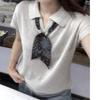 Korean Style Oatmeal Short Sleeve Top for Women with Detachable Silk Scarf - Chic Old Money Summer Fashion