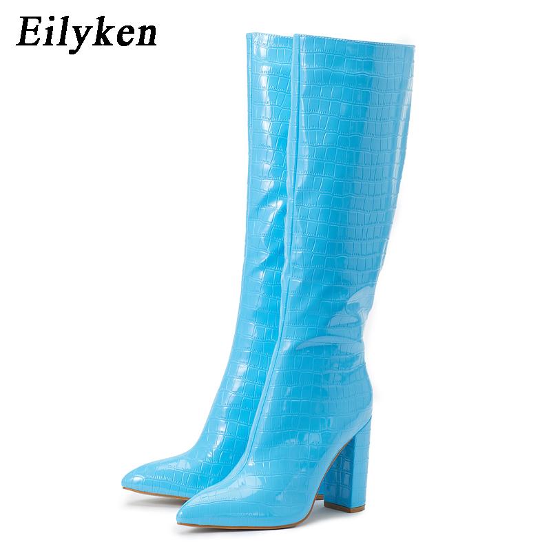 Fashion Eilyken Autumn Winter High Heel Women Knee High Serpentine Boots Designer Chunky Shoes Zipper Long Botas Mujer