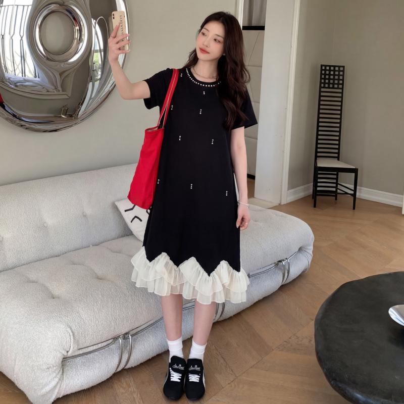 2026 Summer Petite Maternity Knit Dress - Korean Style, Loose-Fit, Slimming, Round Neck Extra Large