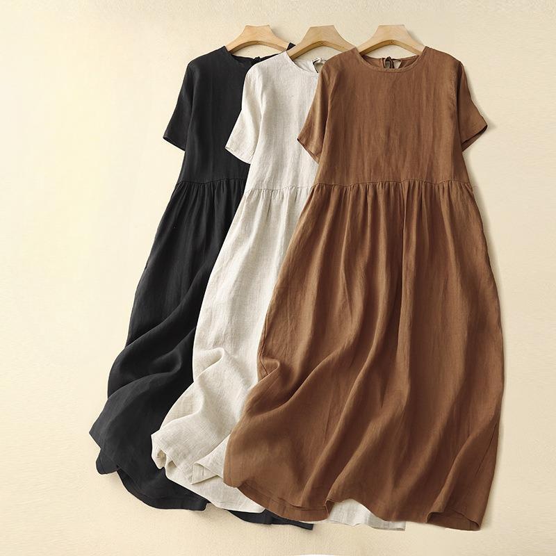 Simple and Elegant Simple Dress Literary Round Collar Sleeve Belt Big Skirt