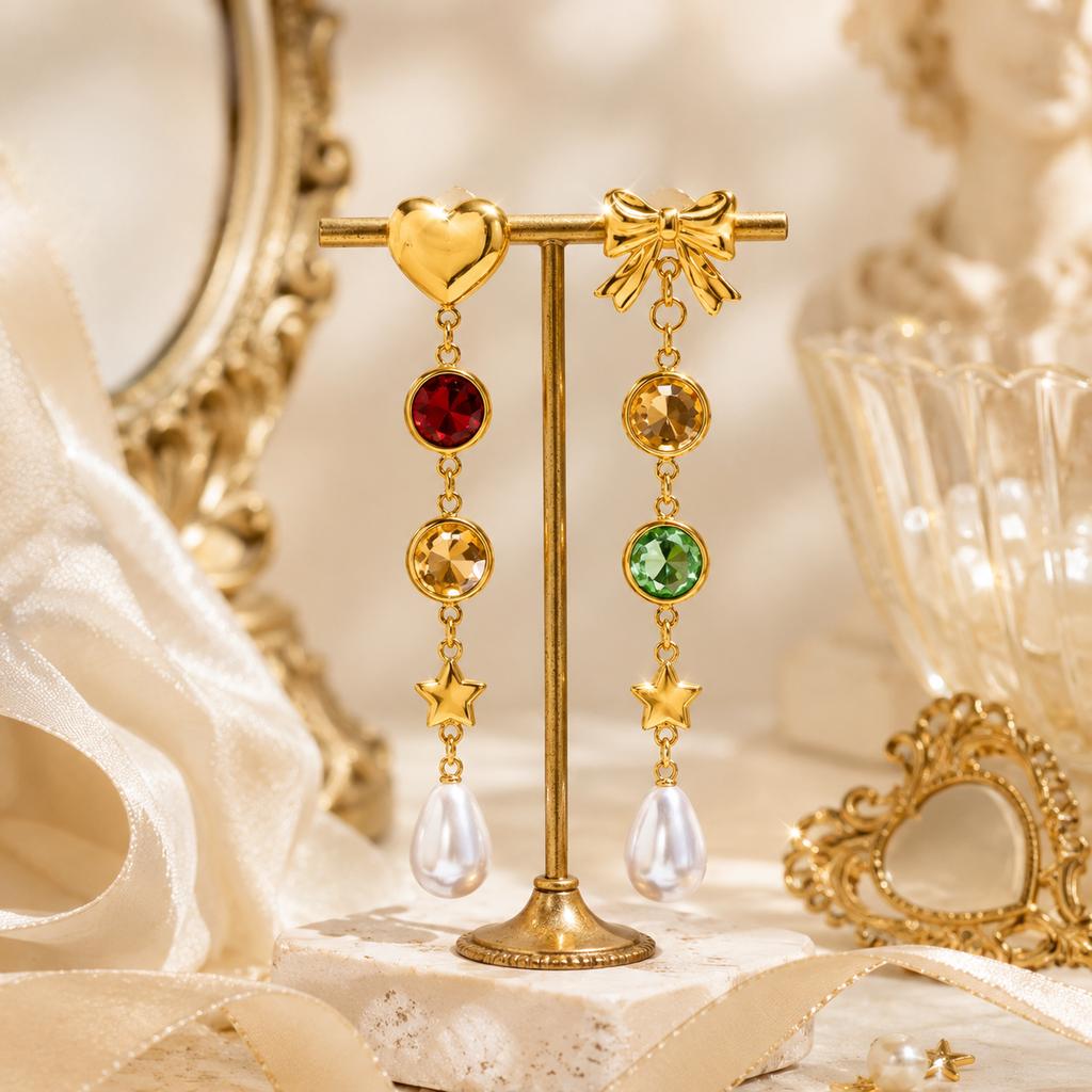 Stainless Steel Butterfly Heart Earrings for Women Colorful Crystal Imitation Pearl Tassel Long Drop Jewelry Party Accessories
