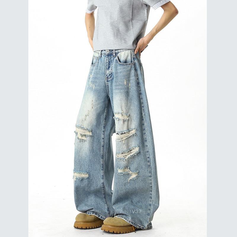 Retro blue ripped jeans men's summer thin washed old ripped pants American high street straight pants