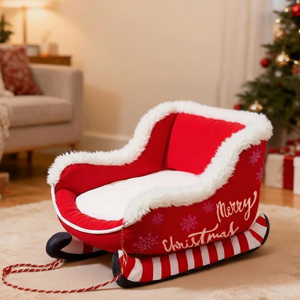 Christmas Sleigh Bed Removable Washable Plush Pet Warm Sofa with Non-Slip Base Christmas Cat Dog Nest for Winter Indoor Outdoor