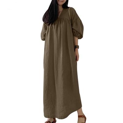 Women Korean Lesiure Holiday V-neck 3/4 Puff Sleeve Pleated Baggy Long Dress