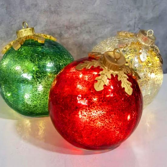 Glass Tabletop Christmas Ornament with LED Lights Glass Ball with Timer Function 6-Inch Light-Up Sphere for Holiday Centerpiece
