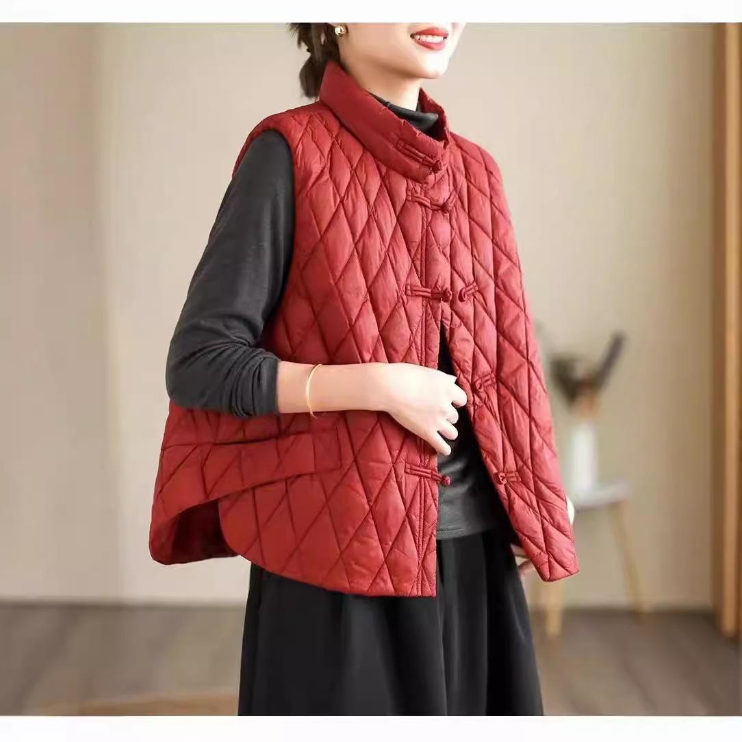 

Пуховик женский жилет осень и зима новый ромбовидный сетчатый застежка этнический стиль тонкий жилет воротник стойка однотонный жилет куртка L (recommended weight 125-75 kg) красный