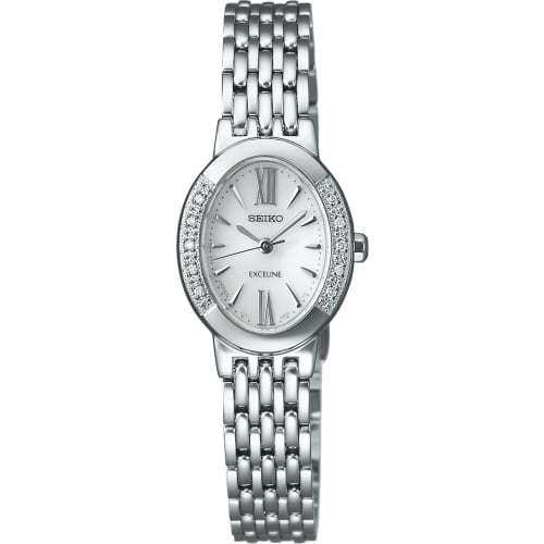 Seiko Watch Exceline Solar Watch SWCQ047 Women's Silver with Super Clear Coating, Curved Sapphire Crystal, and Diamonds