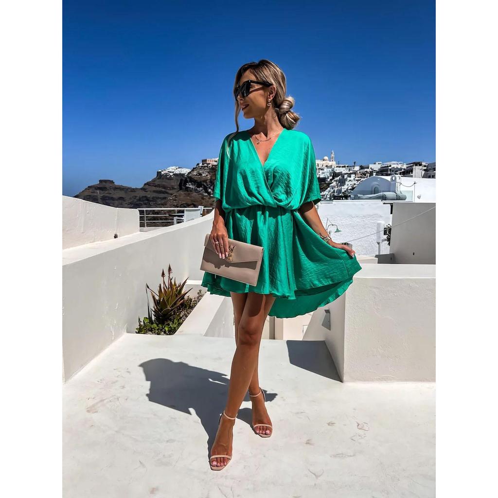 Robe d'été sexy à col en V pour femme, élégante, manches courtes, couleur unie, coupe trapèze, ample, mini, décontractée, pour la plage et les fêtes