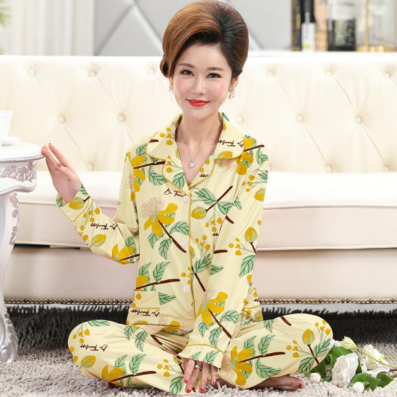 Pajamas Women's Spring and Autumn Imitation Cotton Long-sleeved New Imitation Cotton Large Size Medium Mother Loose Thin Loungewear Set