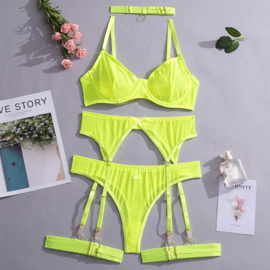 Sexy erotic underwear solid color ultra-thin mesh yarn perspective temptation big chest small thong five-piece set